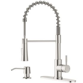 Kitchen Faucet with Soap Dispenser, SUS304 Pull Down Kitchen Faucet Commercial Single Handle High Arc Faucet for Kitchen Sink (Color: Brushed Nickel)